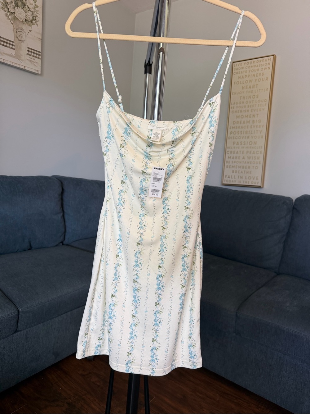 Full Tilt Cream Slip Dress with Light Blue Floral Stripes